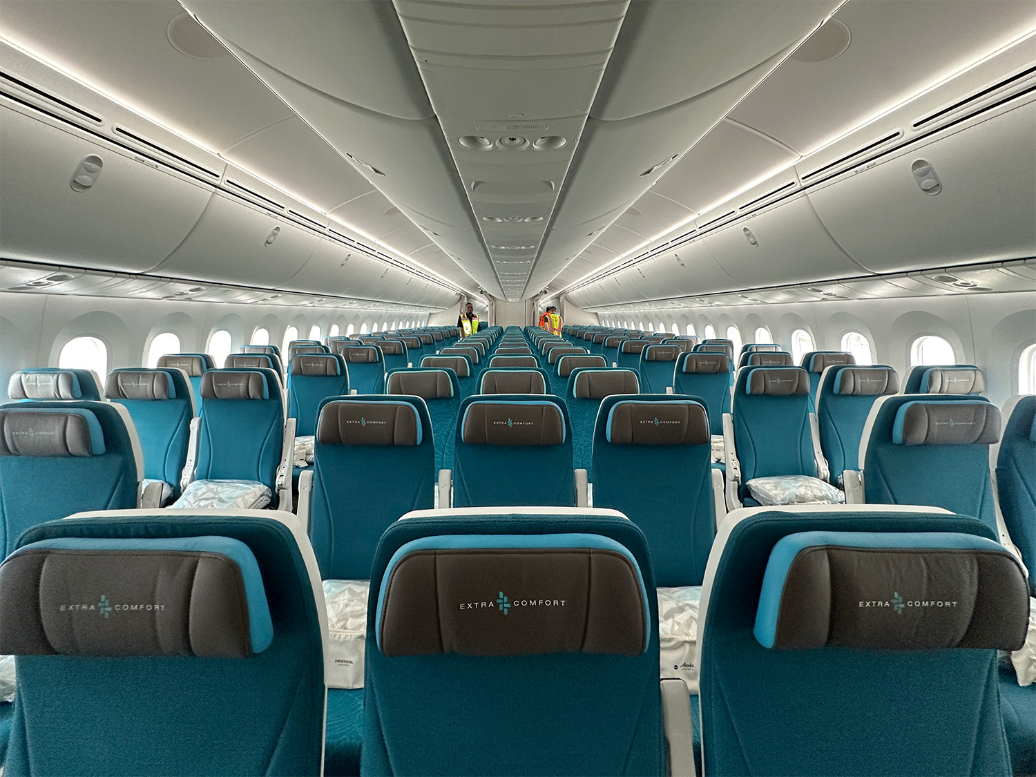 A wide shot of the Extra Comfort seats on the Dreamliner aircraft.